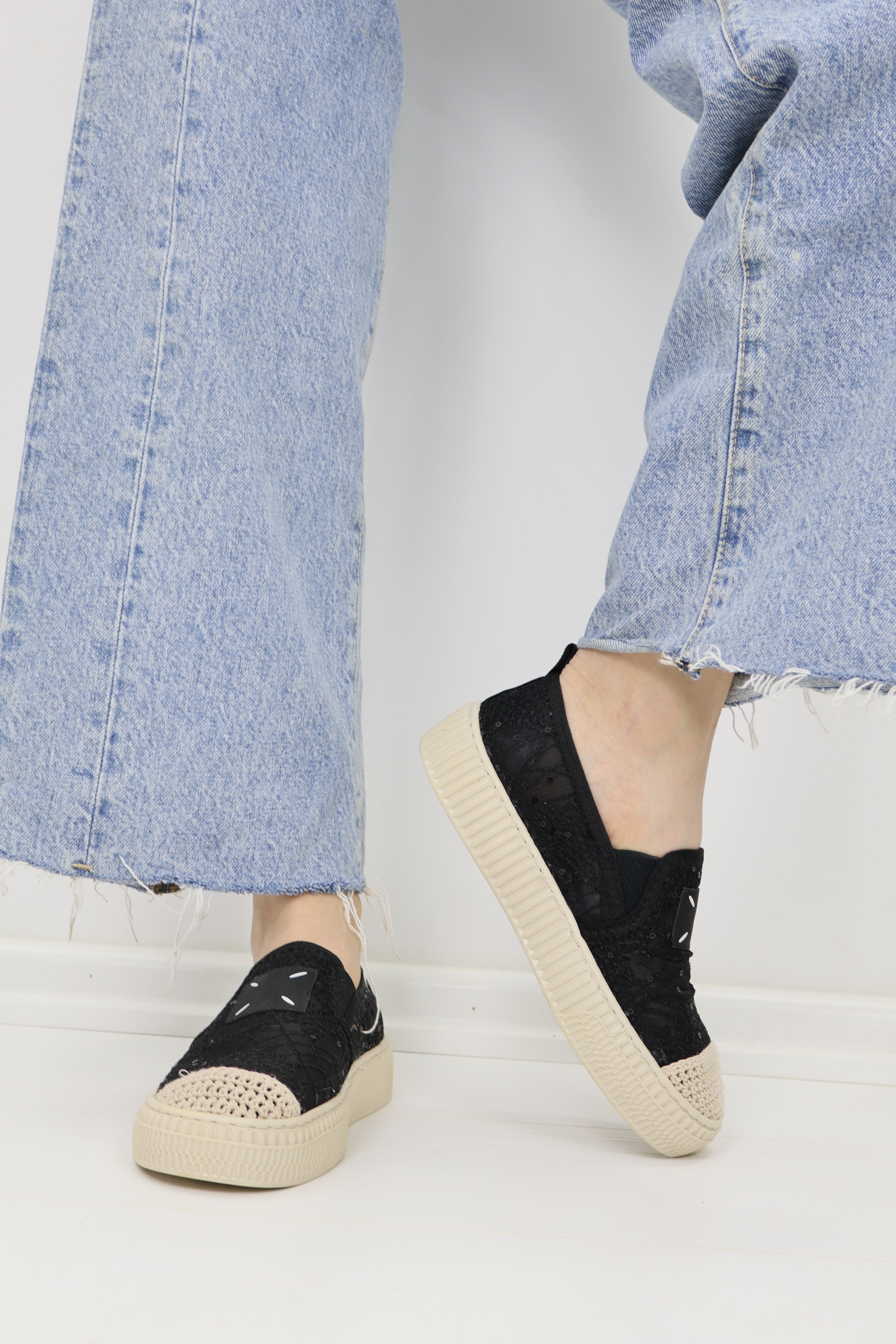 Simli Payet Dantel Siyah Bağcıksız Platform Sneaker