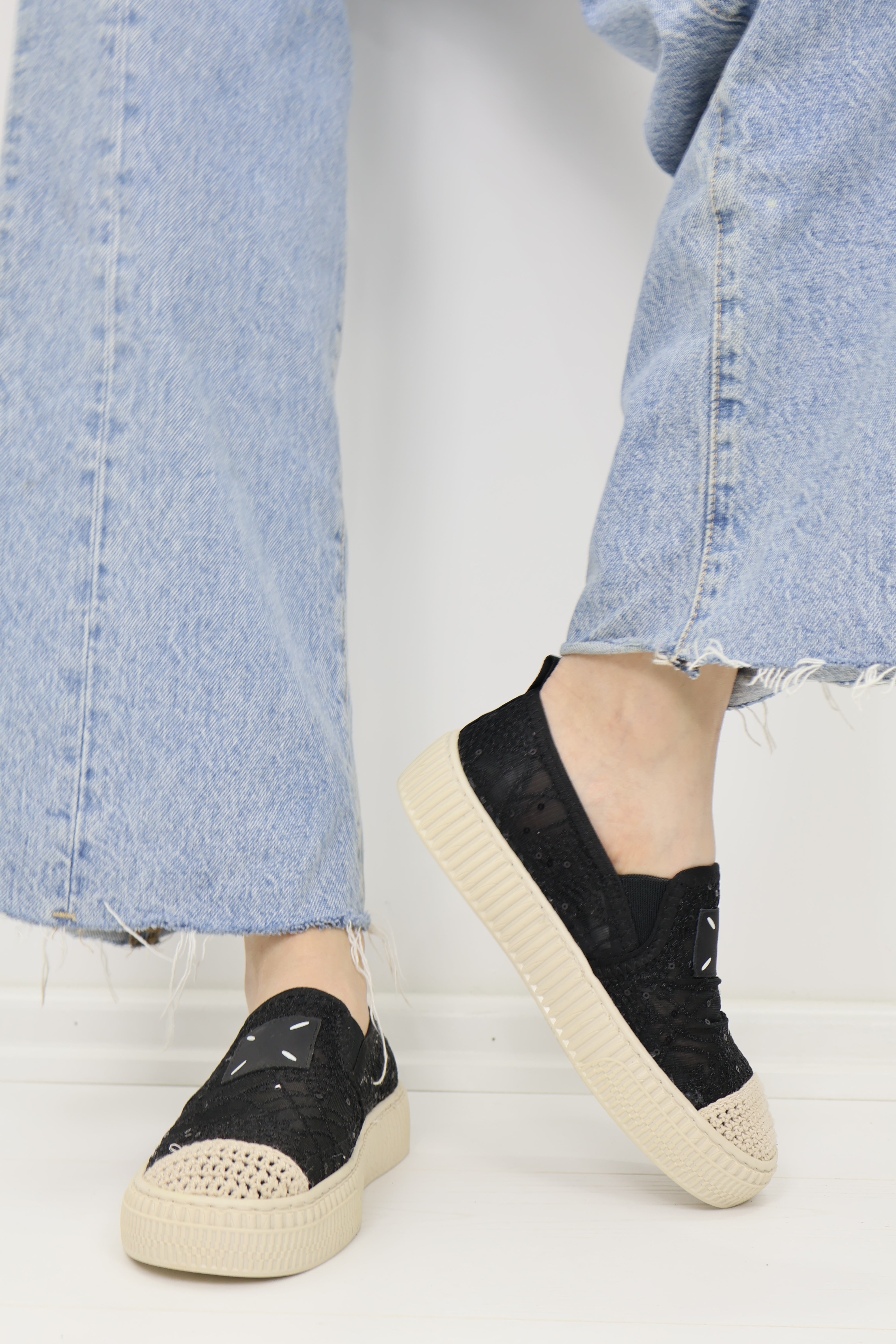 Simli Payet Dantel Siyah Bağcıksız Platform Sneaker