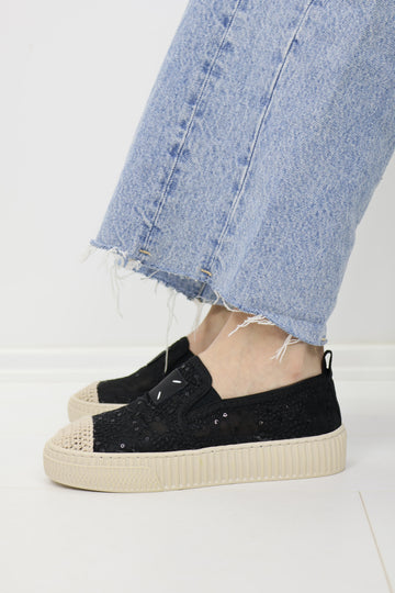 Simli Payet Dantel Siyah Bağcıksız Platform Sneaker