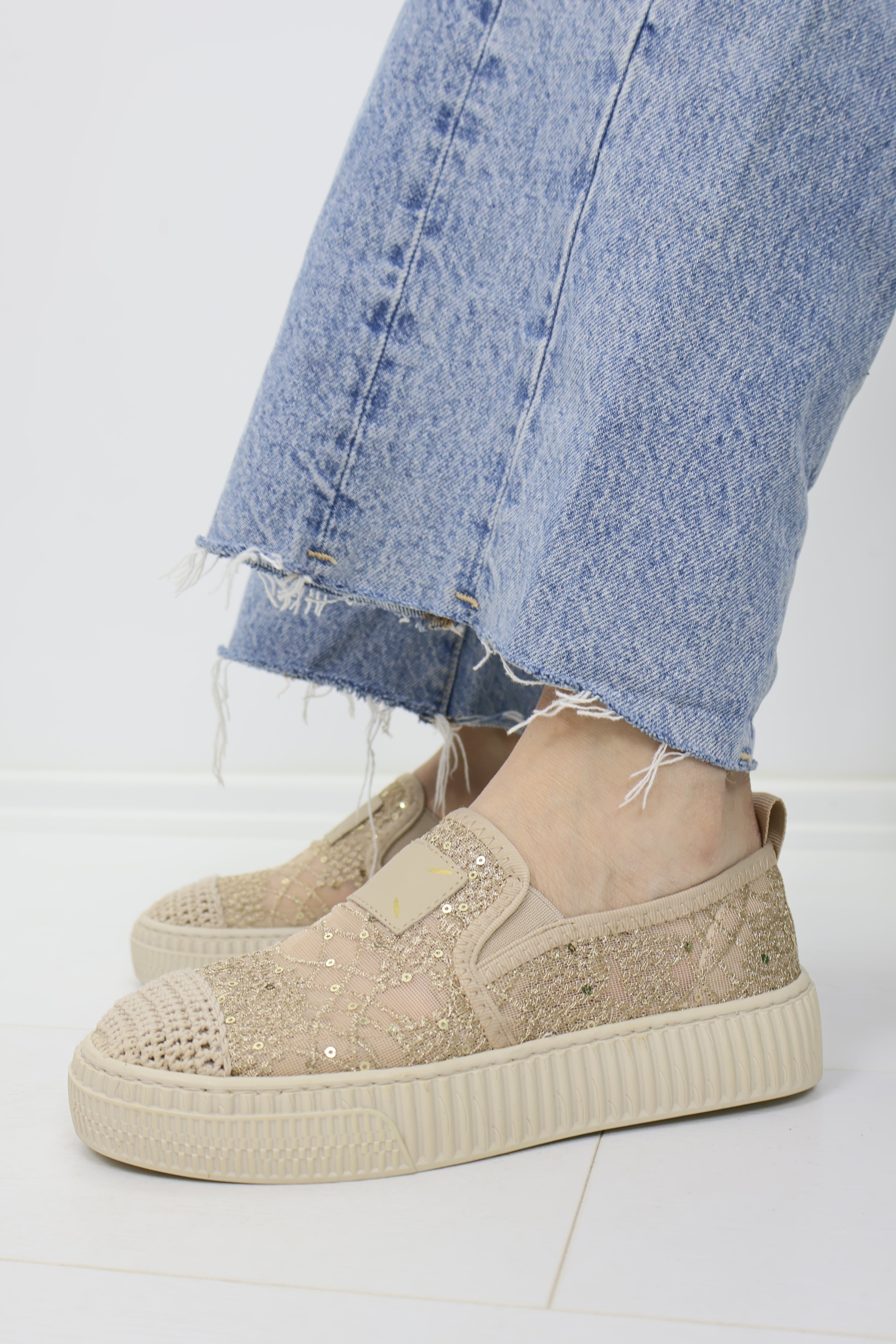Simli Payet Dantel Bej Slip-On Platform Sneaker