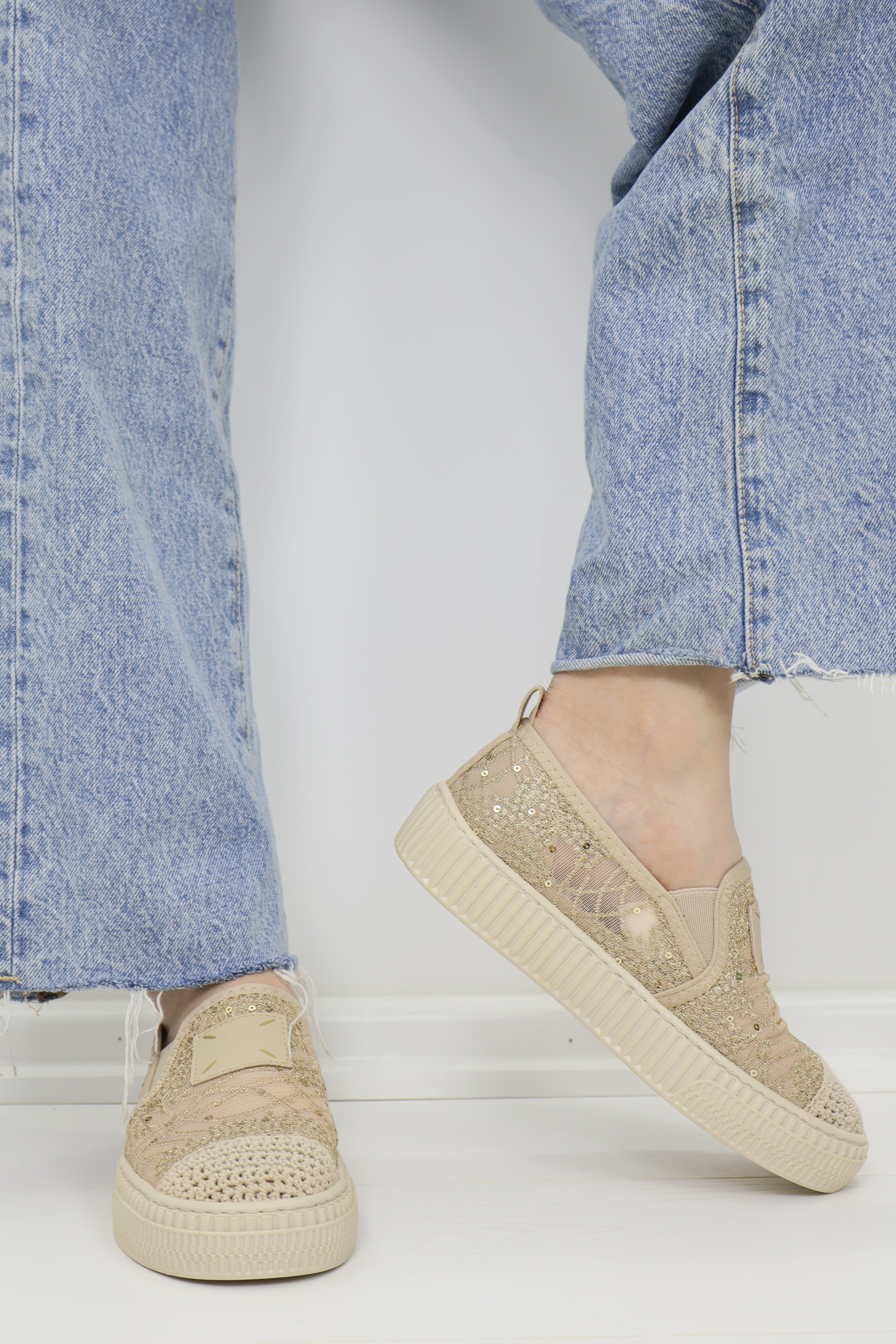 Simli Payet Dantel Bej Slip-On Platform Sneaker
