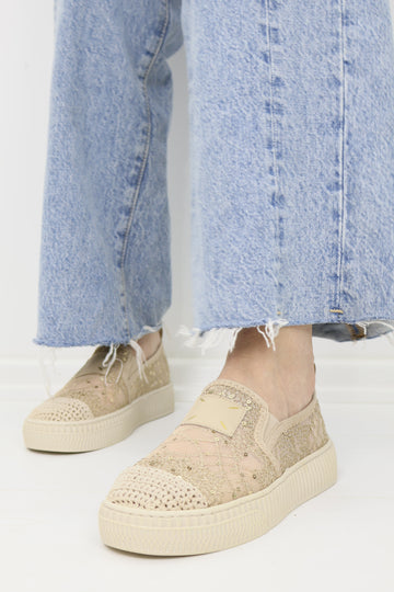 Simli Payet Dantel Bej Slip-On Platform Sneaker