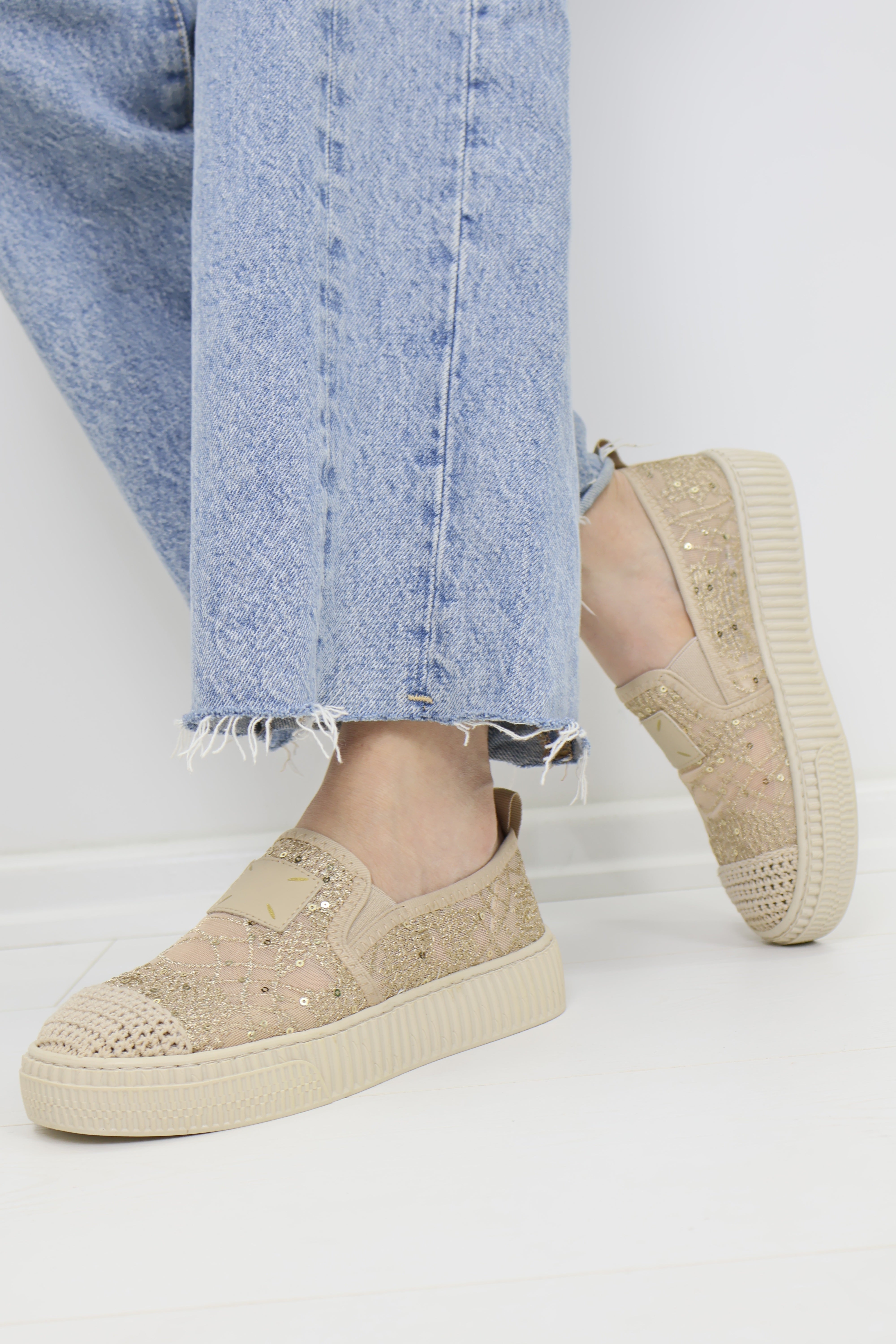 Simli Payet Dantel Bej Slip-On Platform Sneaker