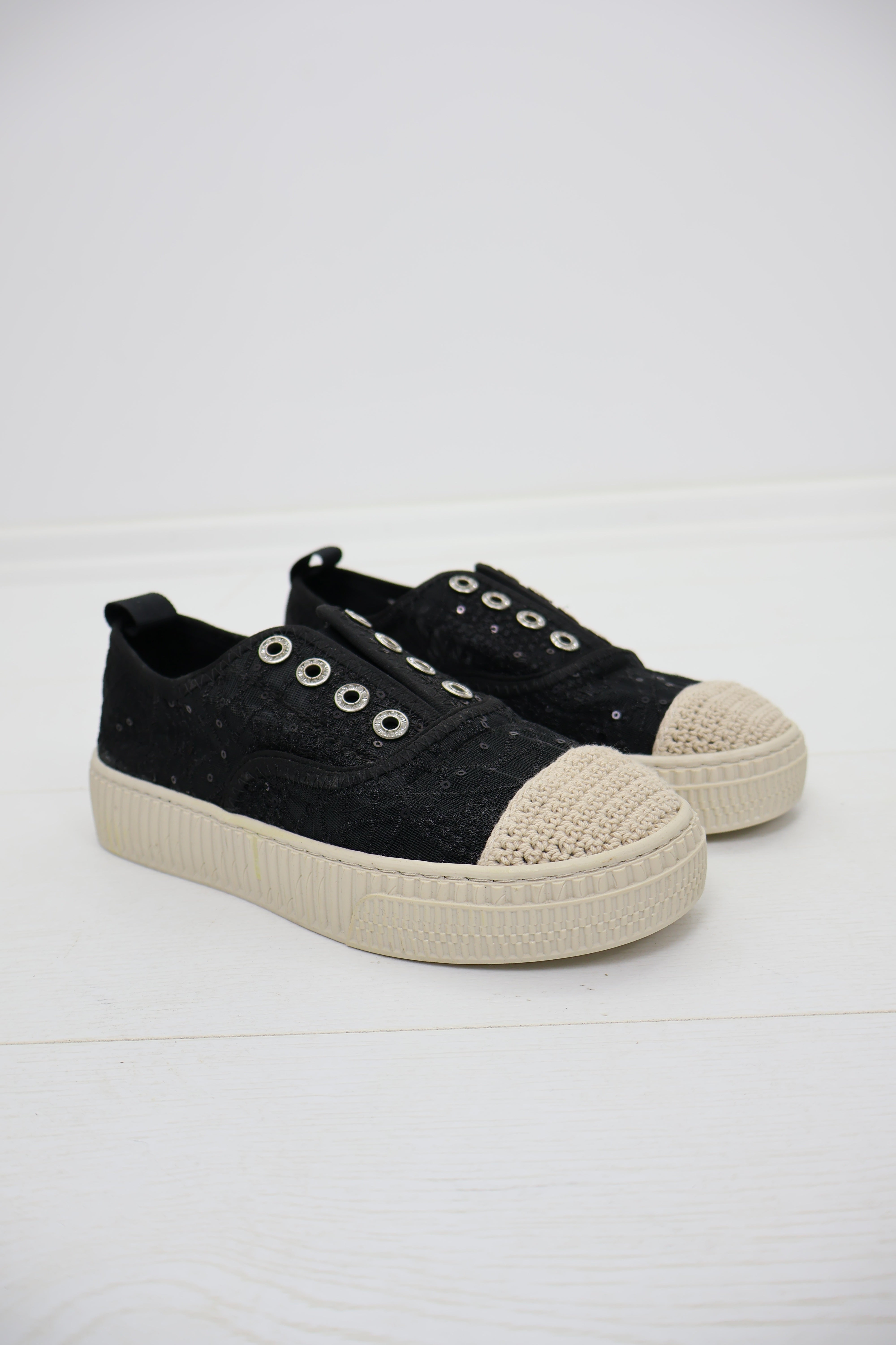 Vyllorna Dantel Hasir Burunlu Bağcıksız Siyah Platform Sneaker