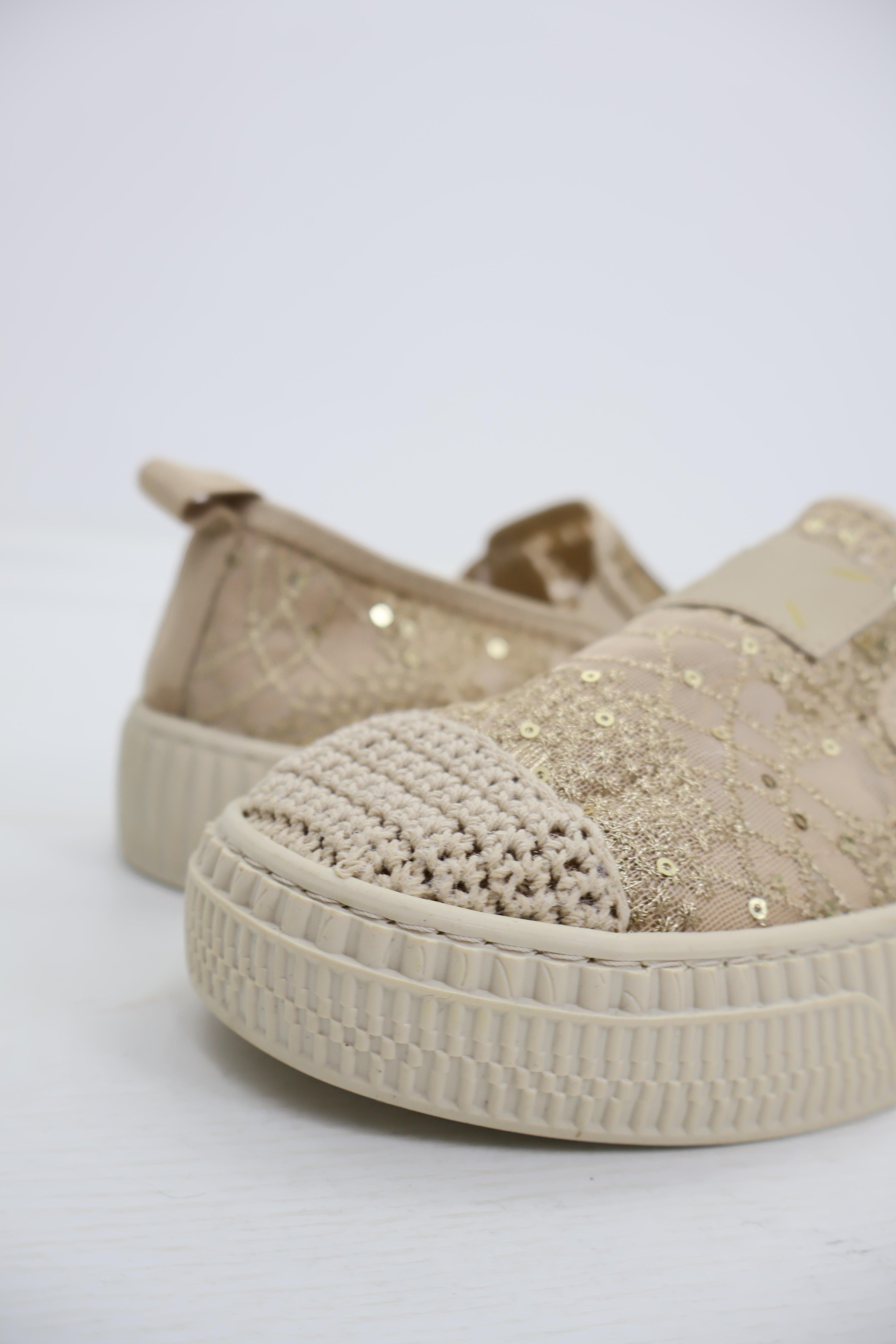 Simli Payet Dantel Bej Slip-On Platform Sneaker
