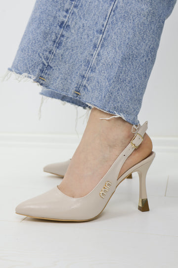 Miu Miu Rugan Slingback Sivri Burun Altın Topuklu Stiletto Bej