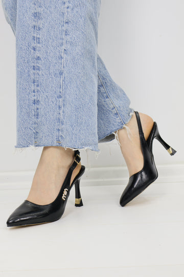 Miu Miu Rugan Slingback Sivri Burun Altın Topuklu Stiletto Siyah