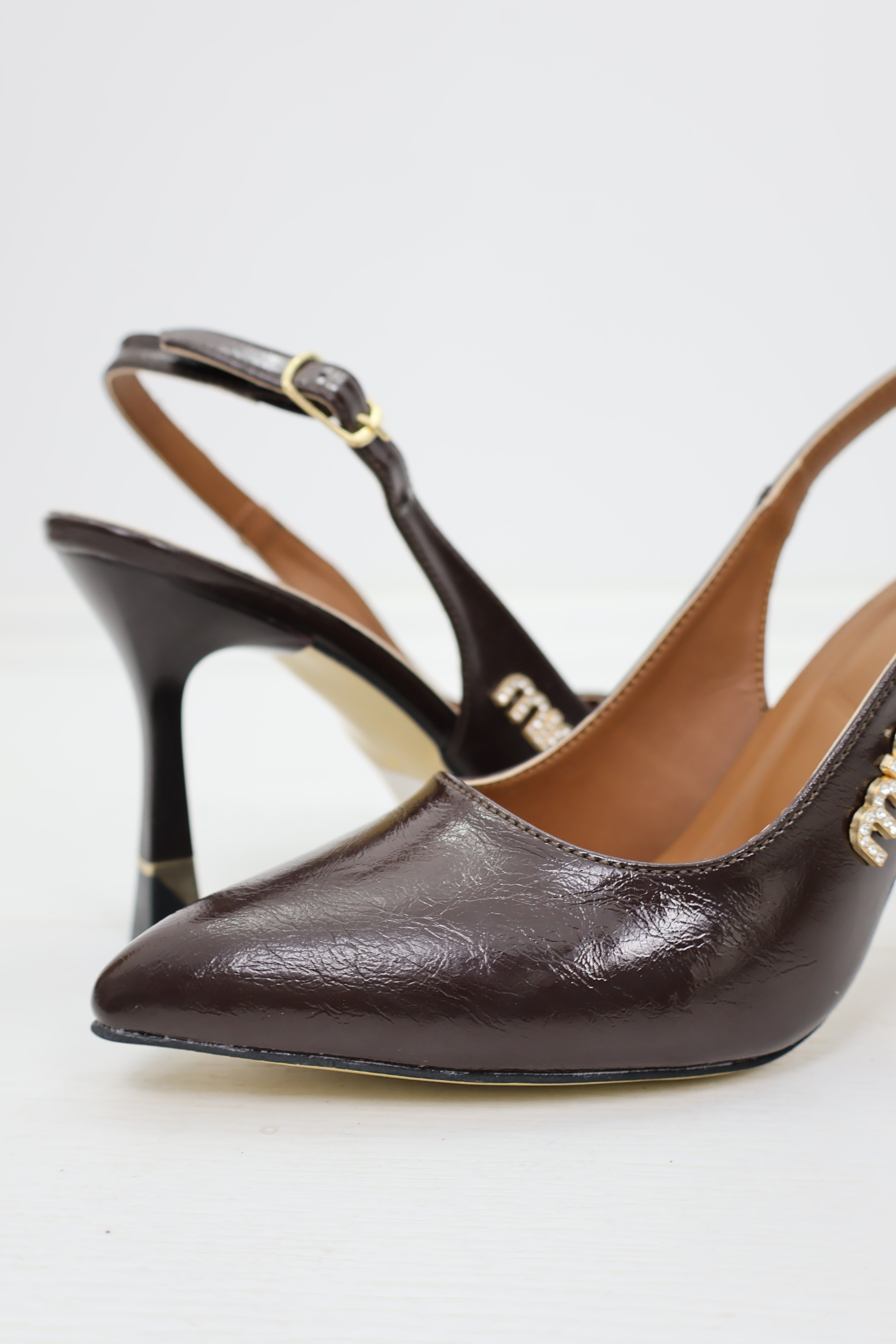 Miu Miu Rugan Slingback Sivri Burun Altın Topuklu Stiletto Kahverengi