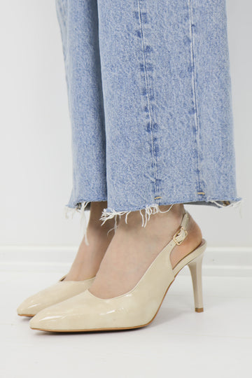 Rugan Slingback Sivri Burun İnce Topuklu Stiletto Bej