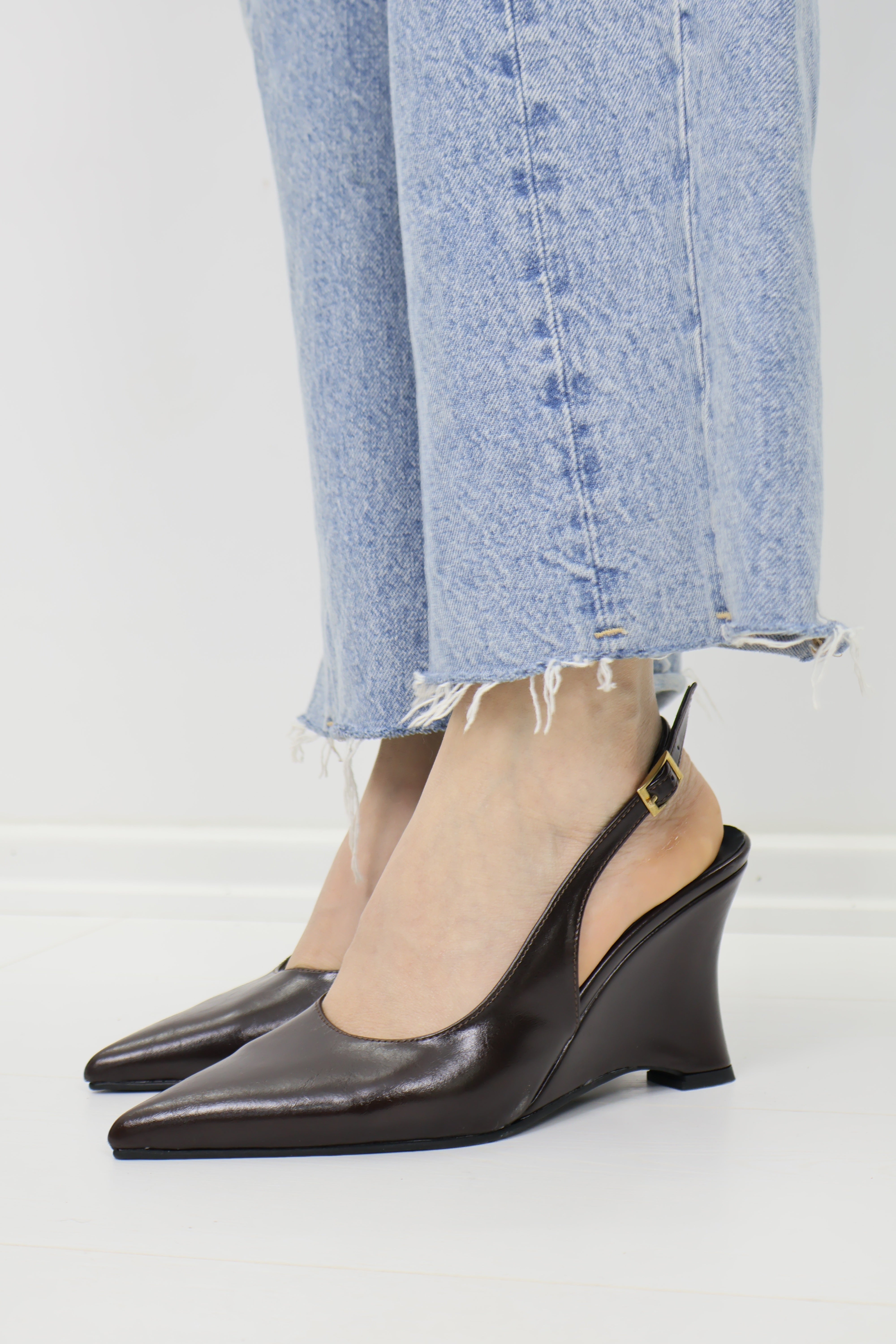 Slingback Sivri Burun Wedge Topuklu Kahverengi Ayakkabı