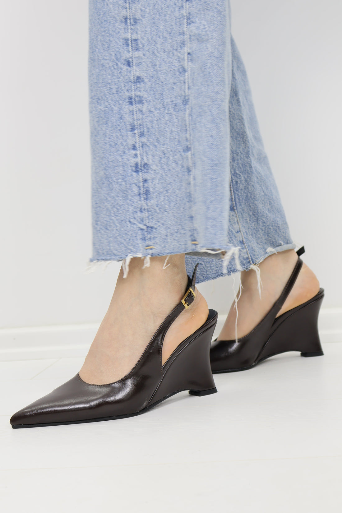 Slingback Sivri Burun Wedge Topuklu Kahverengi Ayakkabı