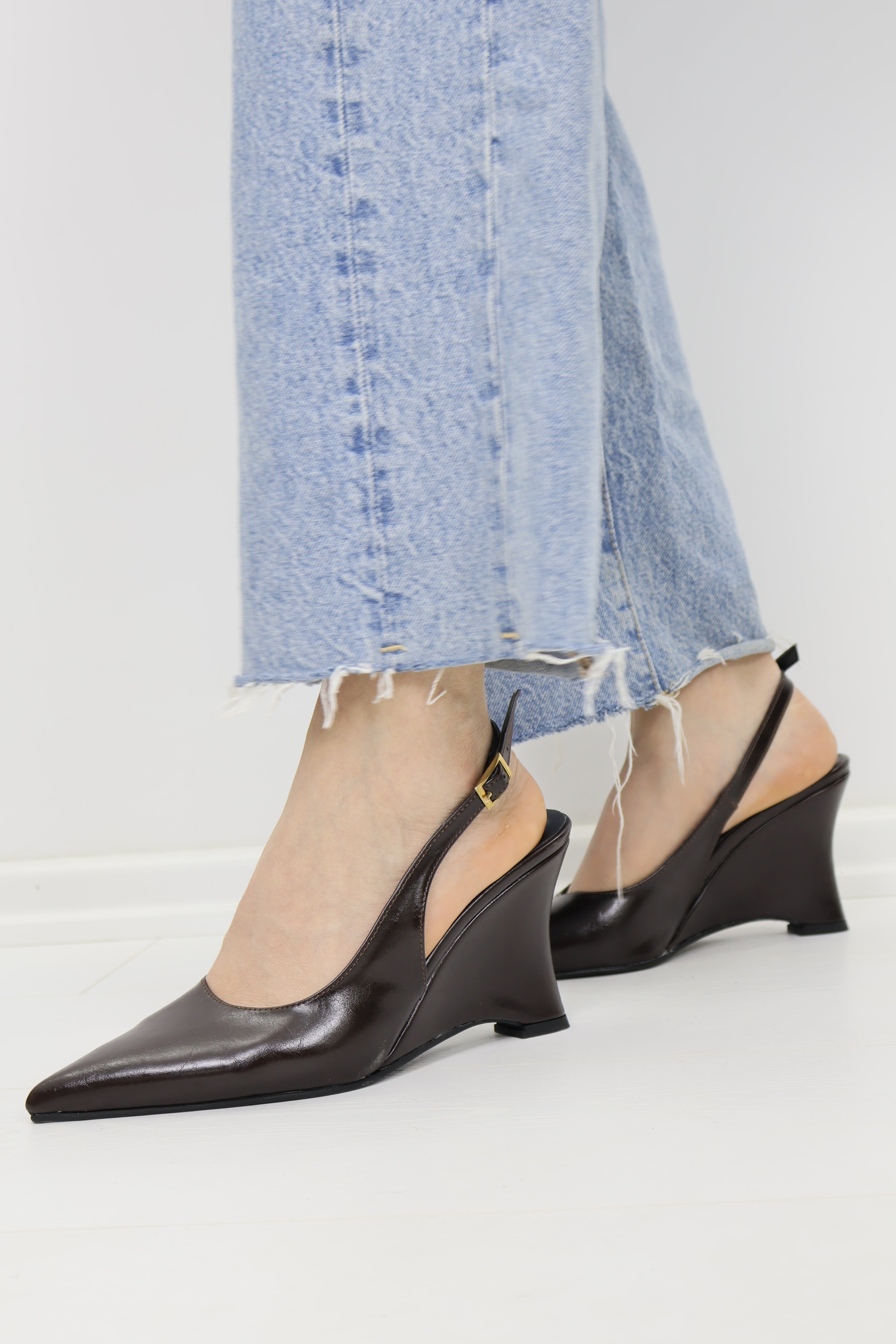 Slingback Sivri Burun Wedge Topuklu Kahverengi Ayakkabı