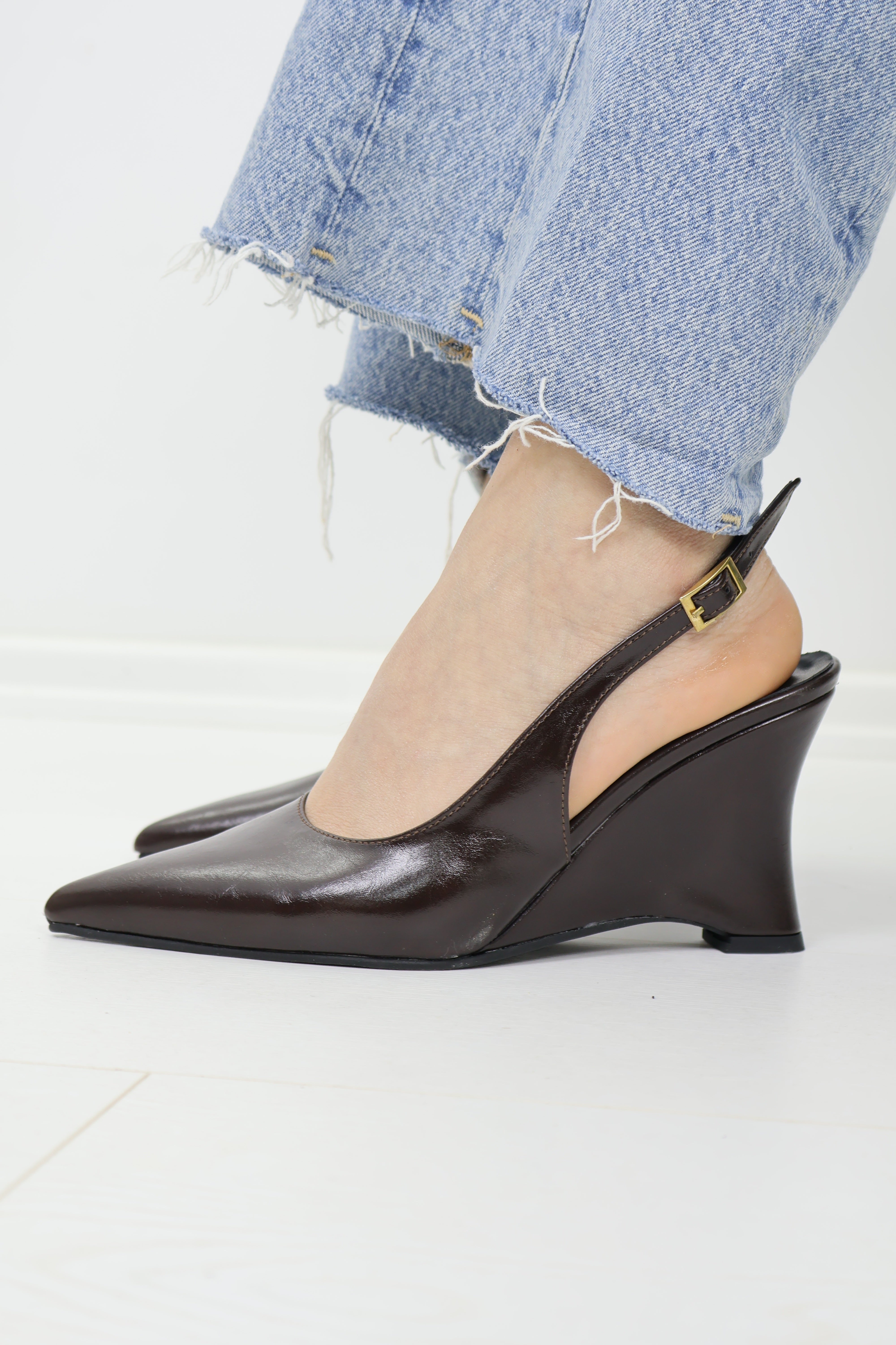 Slingback Sivri Burun Wedge Topuklu Kahverengi Ayakkabı