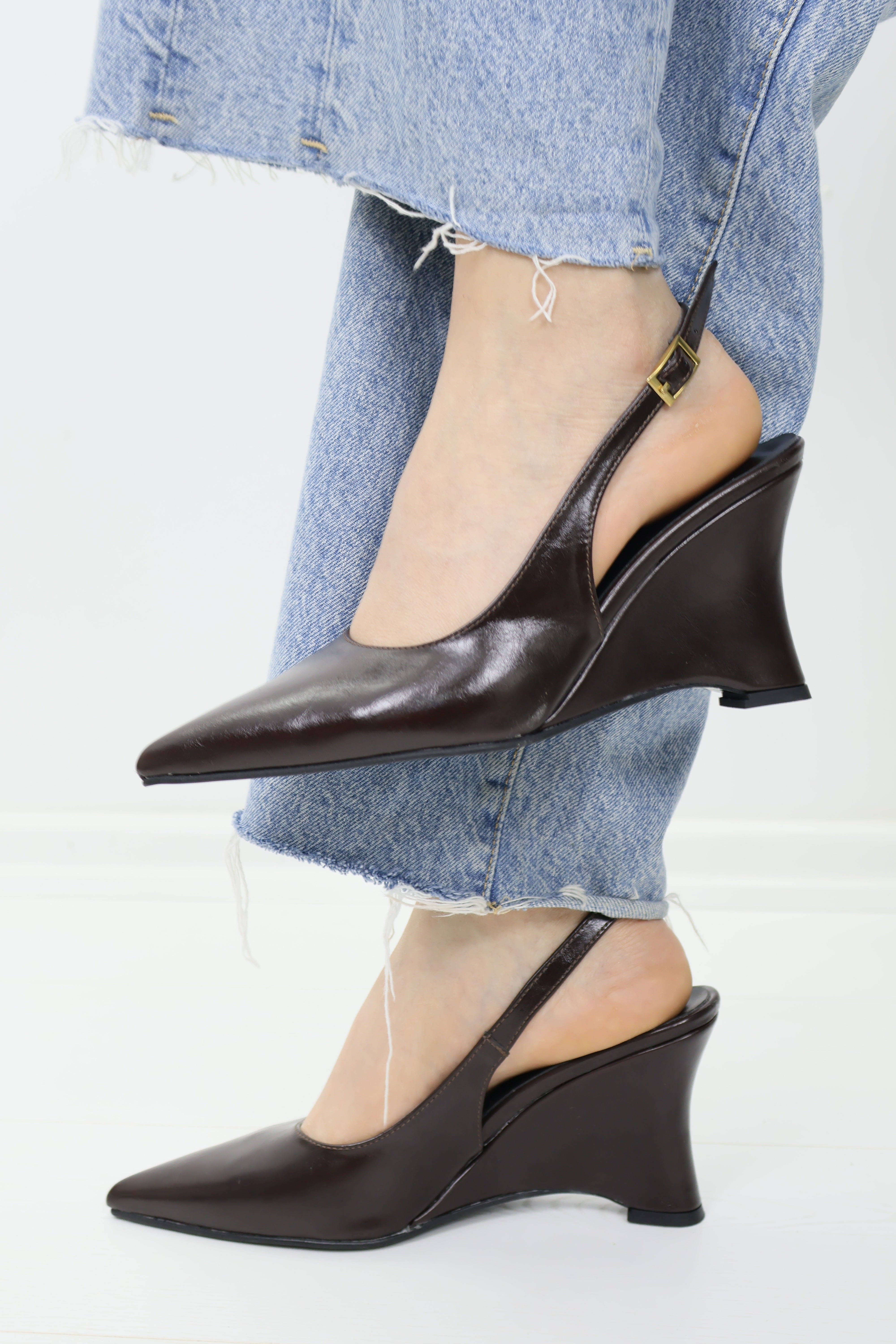 Slingback Sivri Burun Wedge Topuklu Kahverengi Ayakkabı