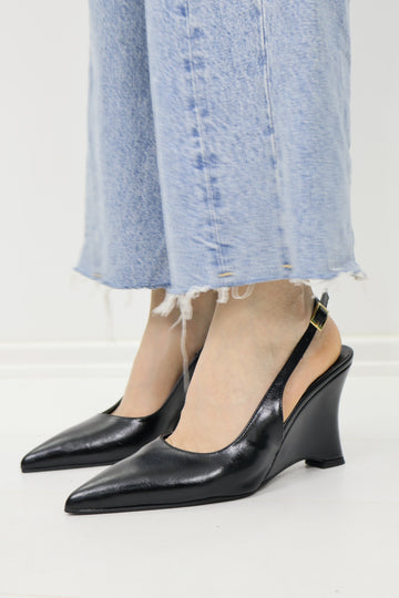 Slingback Sivri Burun Wedge Topuklu Siyah Ayakkabı