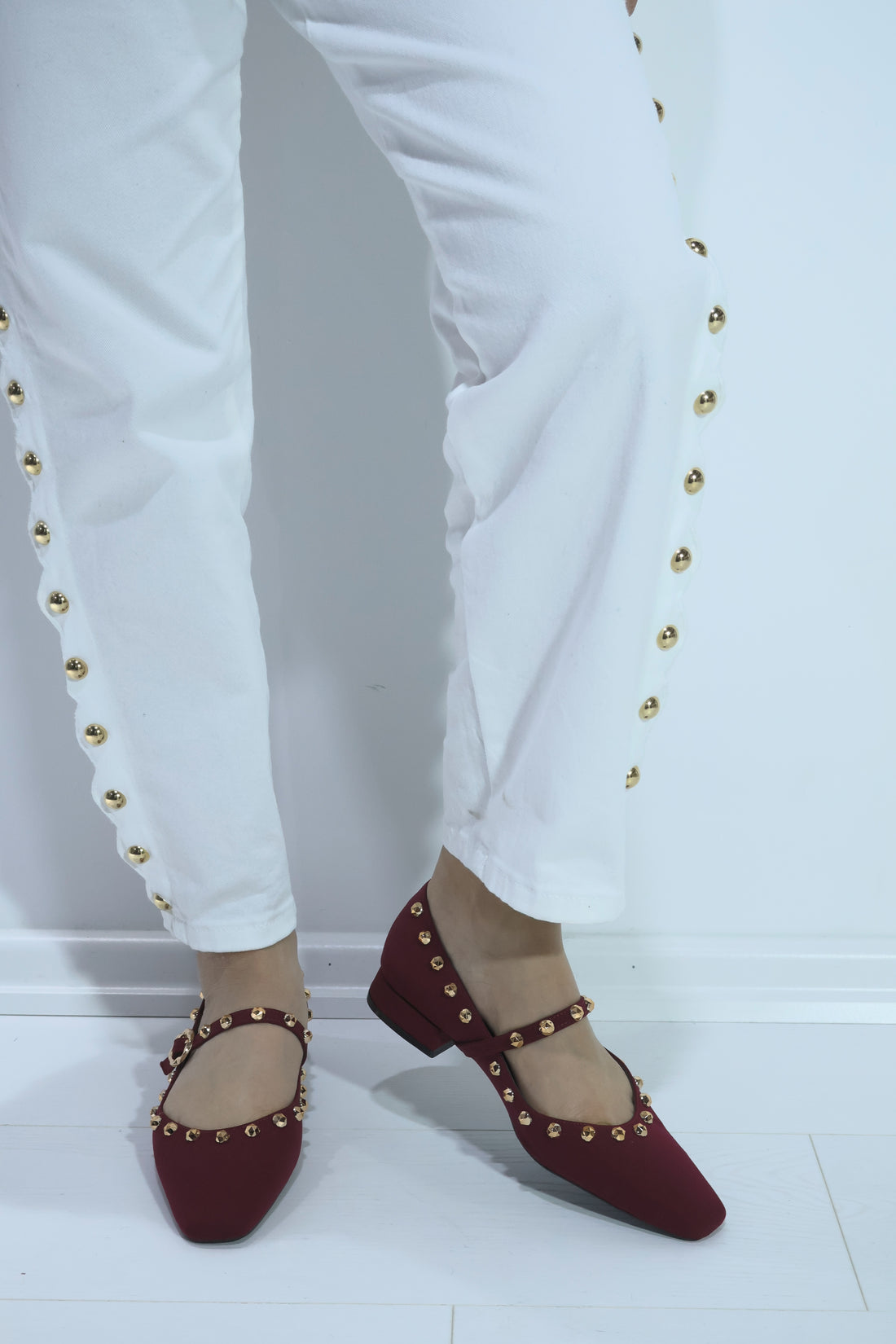 Aura Bordo Zımba Detay Süet Topuklu Babet