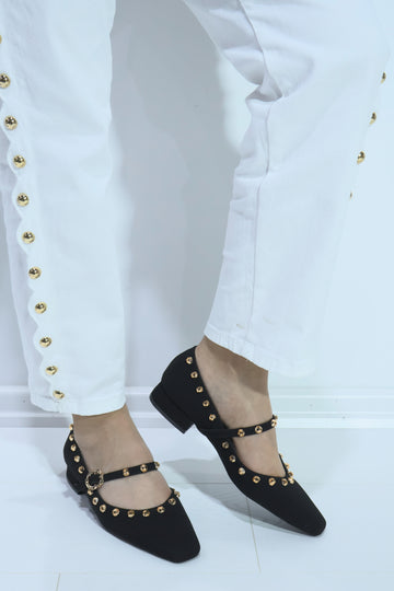 Aura Siyah Zımba Detay Süet Topuklu Babet