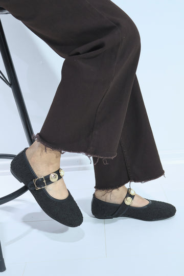 Neza Siyah Aksesuar Detay Kemerli Kadın Babet Ayakkabı