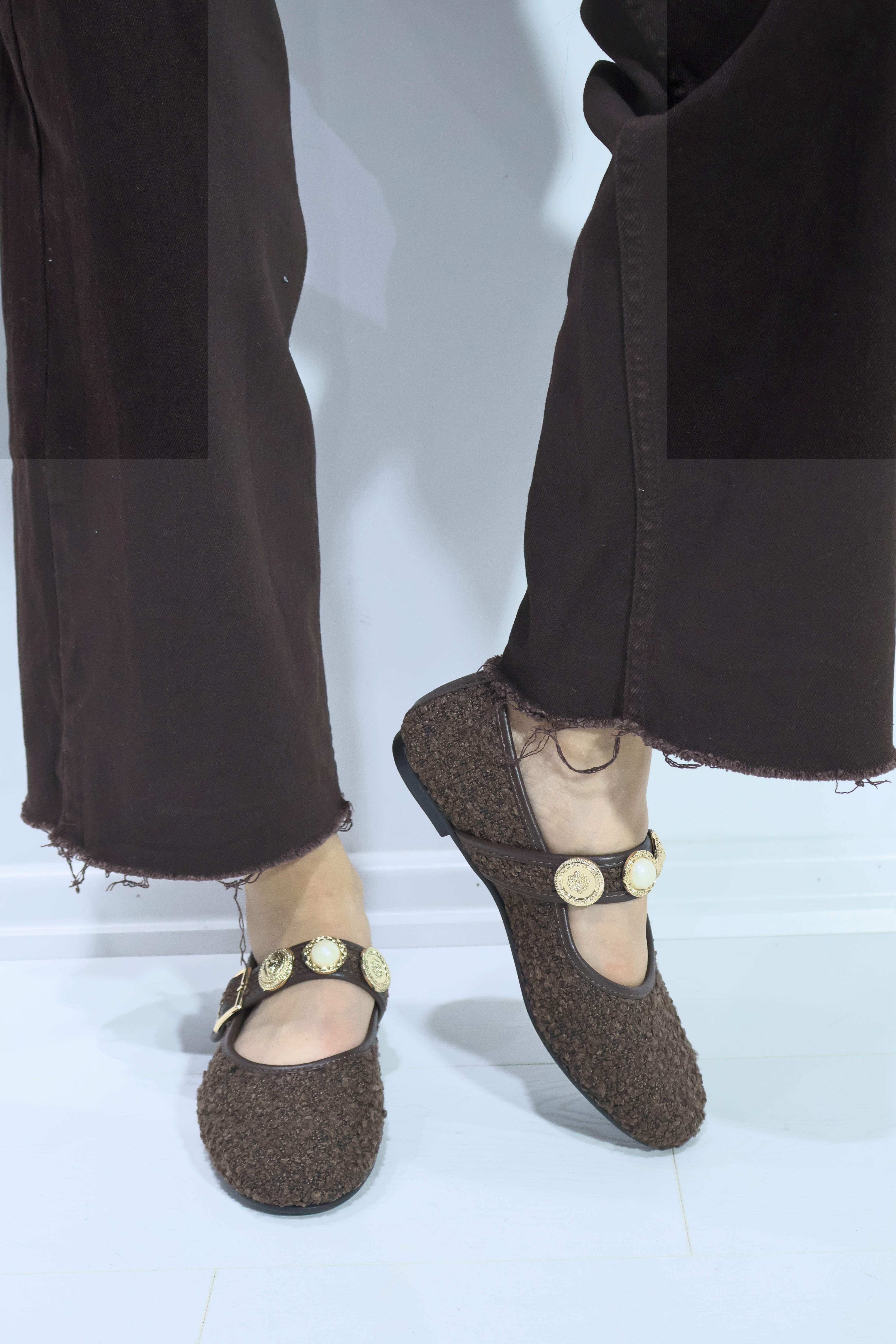 Neza Kahverengi Aksesuar Detay Kemerli Kadın Babet Ayakkabı