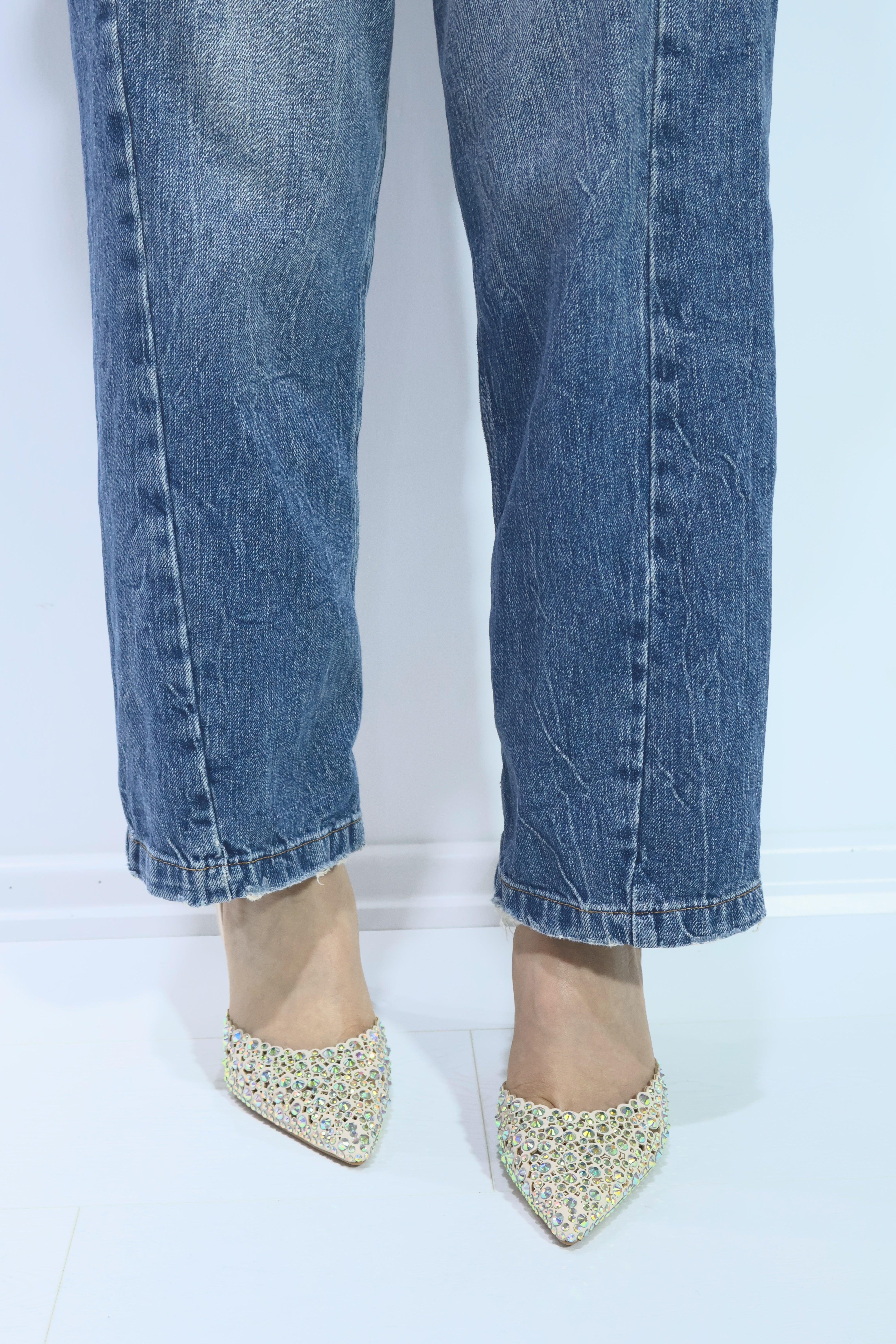 Özel Bej Tasarım Kadın Taş İşlemeli Topuklu Lastikli Stiletto