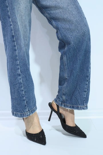 Özel Siyah Tasarım Kadın Taş İşlemeli Topuklu Lastikli Stiletto