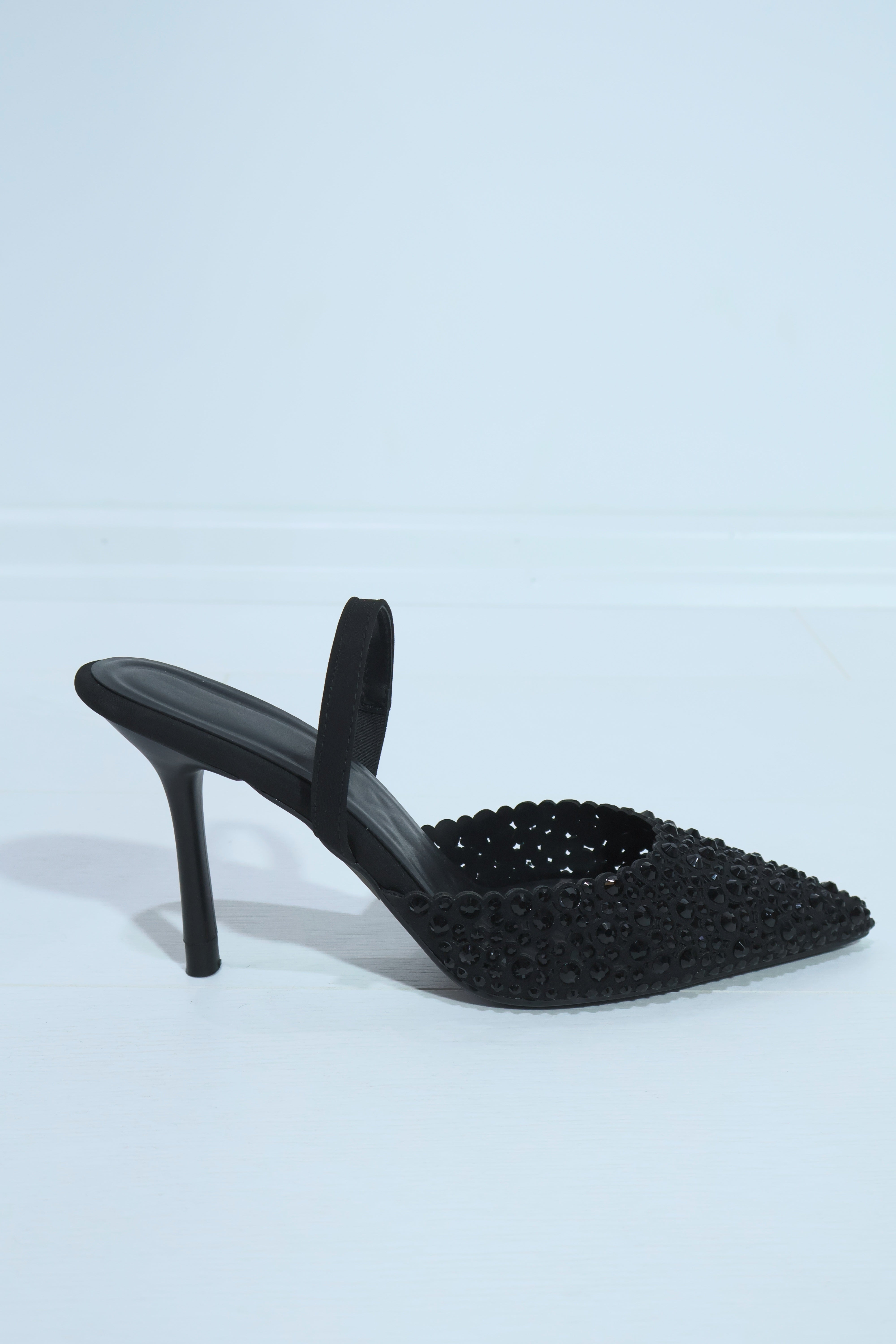 Özel Siyah Tasarım Kadın Taş İşlemeli Topuklu Lastikli Stiletto