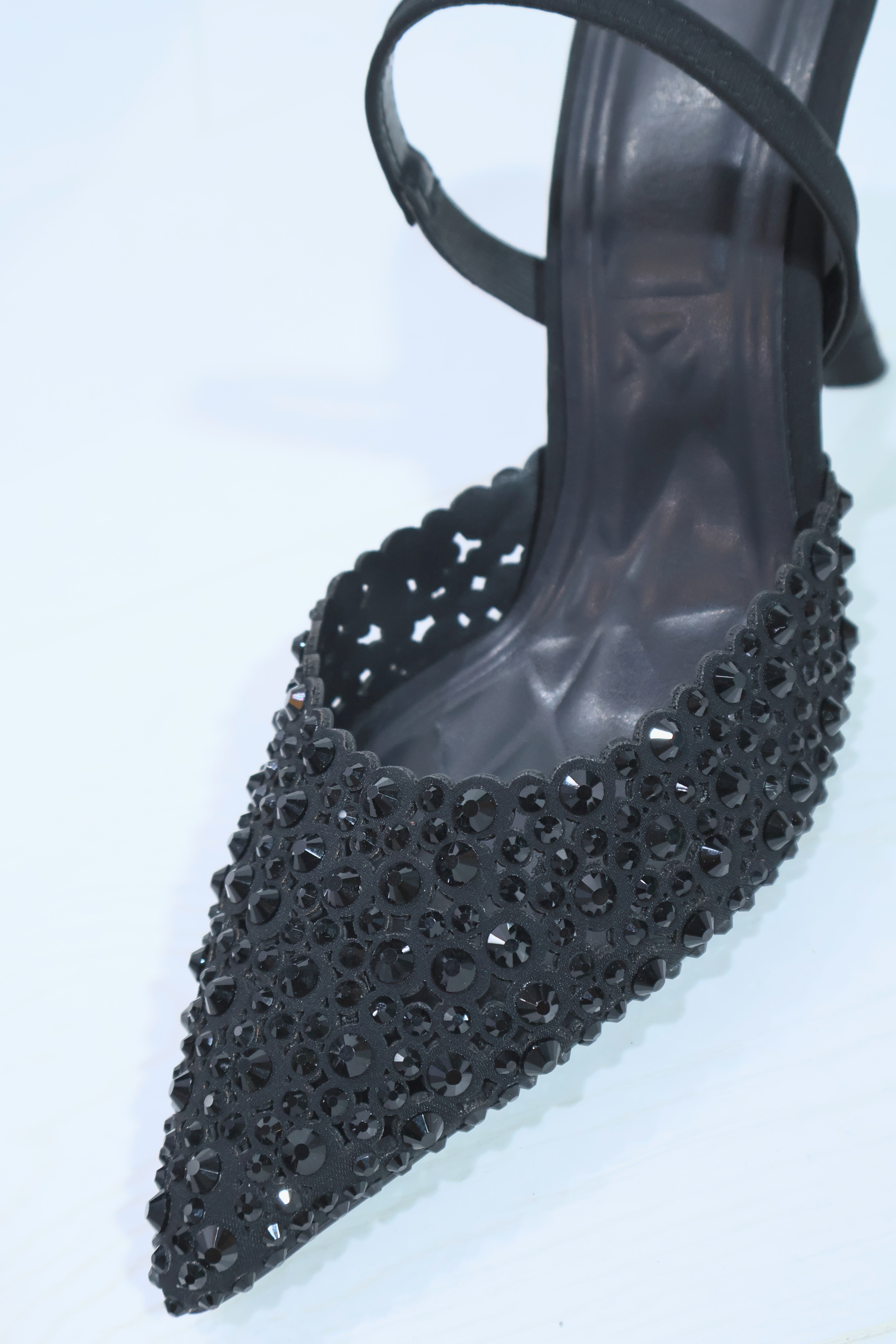 Özel Siyah Tasarım Kadın Taş İşlemeli Topuklu Lastikli Stiletto