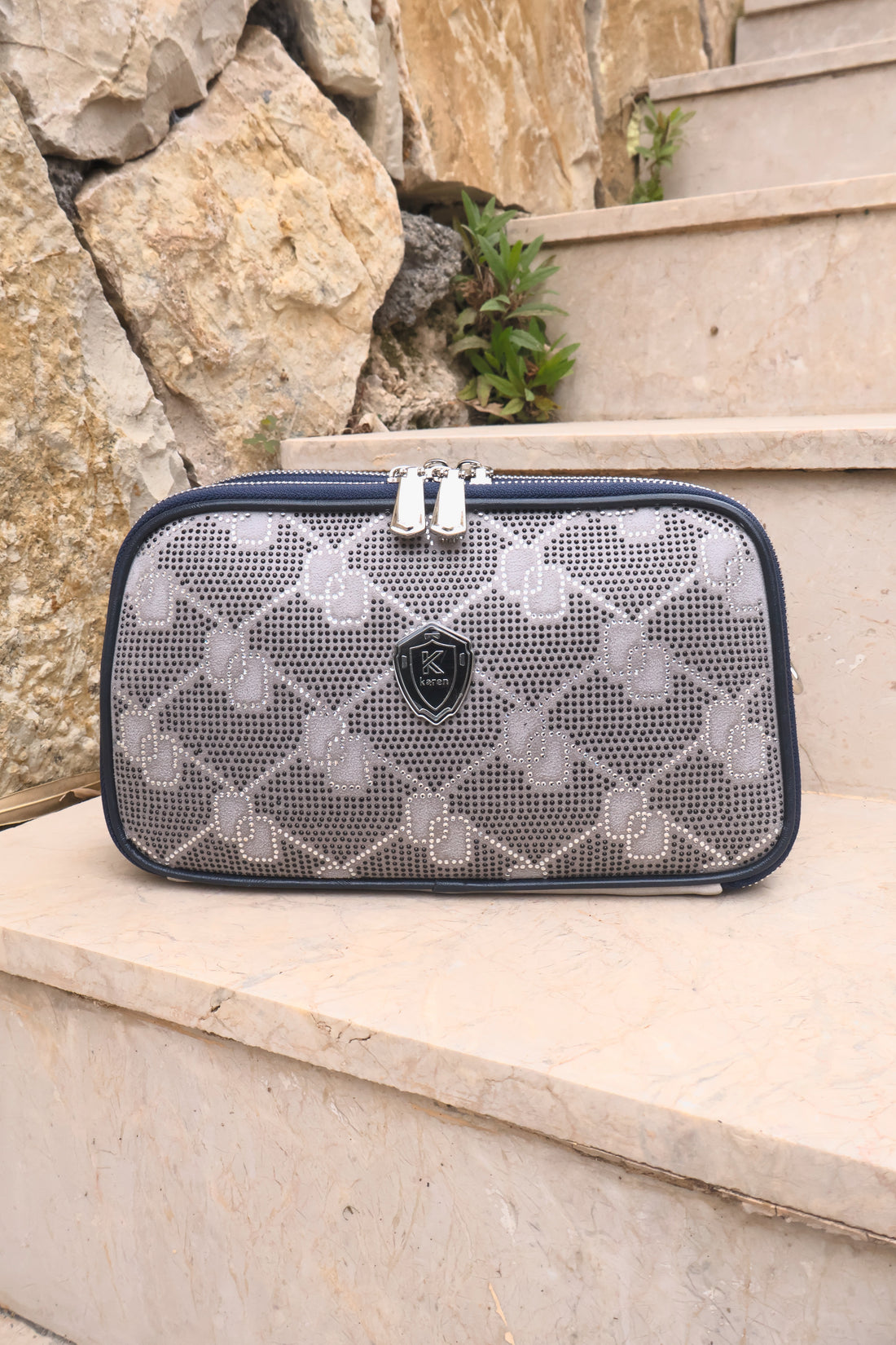 Üç Gözlü Taş Detaylı Çapraz Mavi Askılı Kadın Çanta