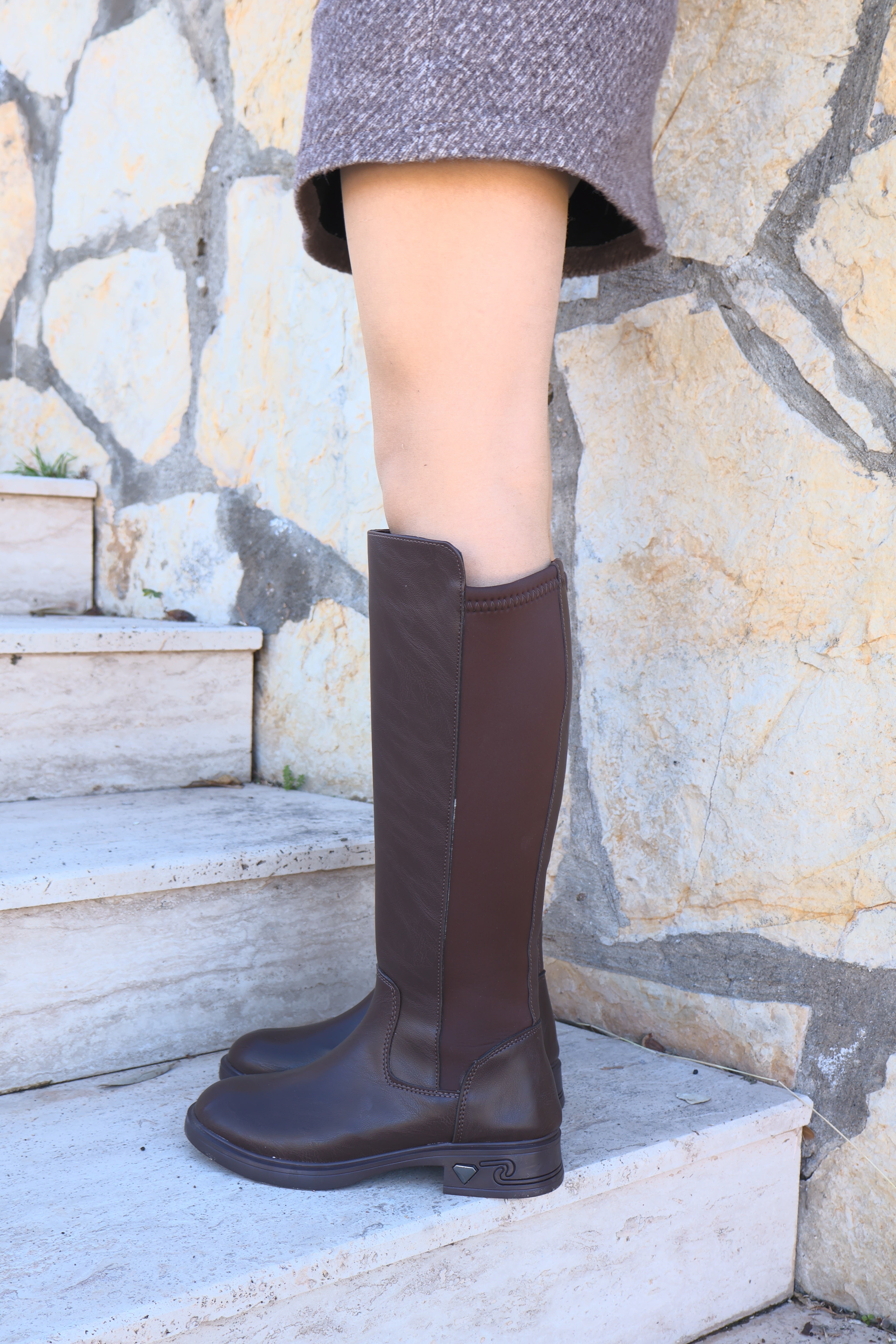 Rachel Kahverengi Kadın Çizme Düz Taban Streç Fermuarlı