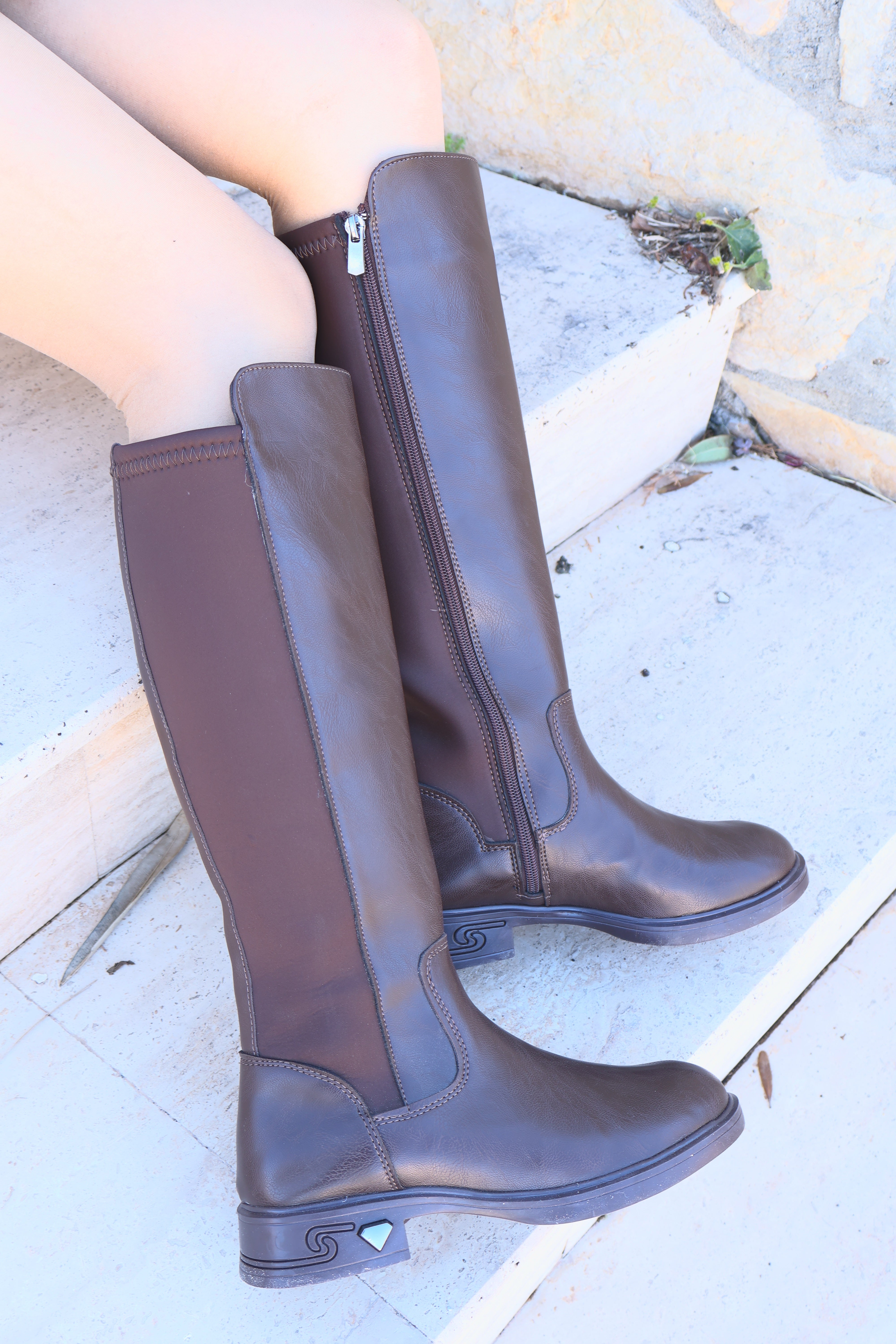 Rachel Kahverengi Kadın Çizme Düz Taban Streç Fermuarlı