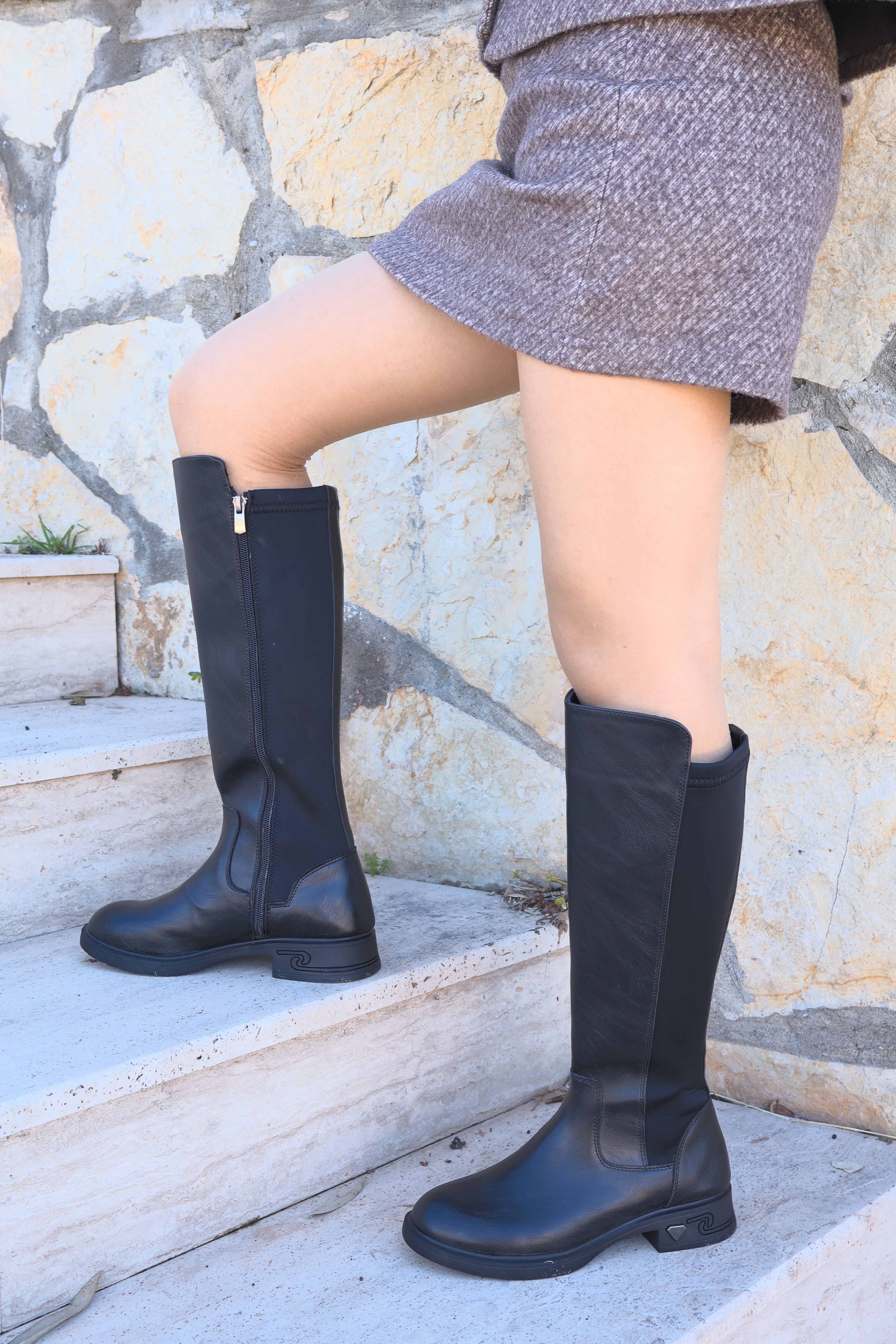 Rachel Kadın Çizme Düz Taban Streç Fermuarlı