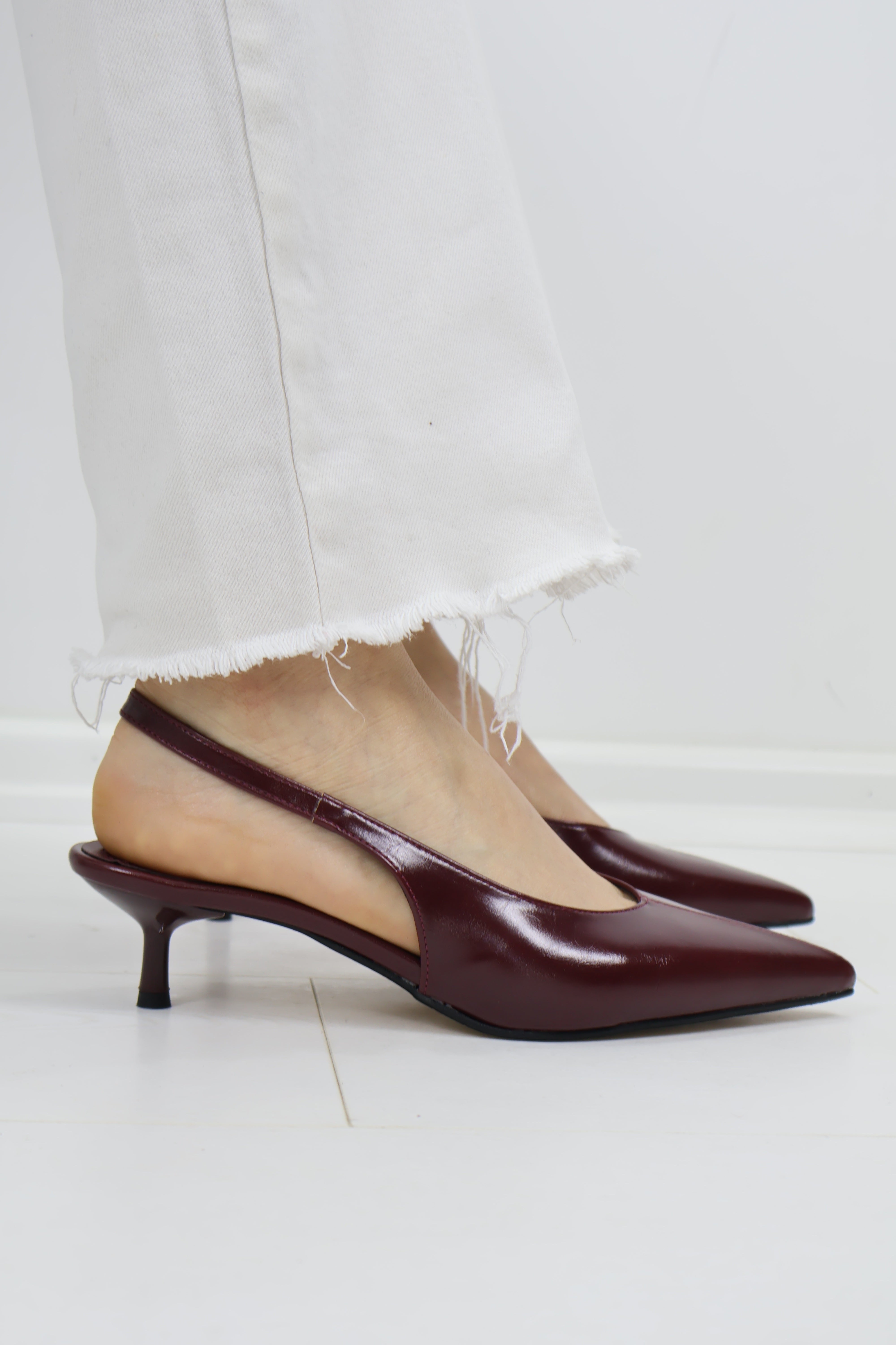Bordo Sivri Burun Kitten Heel Topuklu Ayakkabı