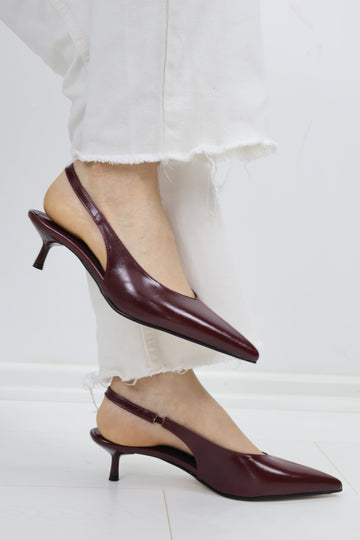 Bordo Sivri Burun Kitten Heel Topuklu Ayakkabı