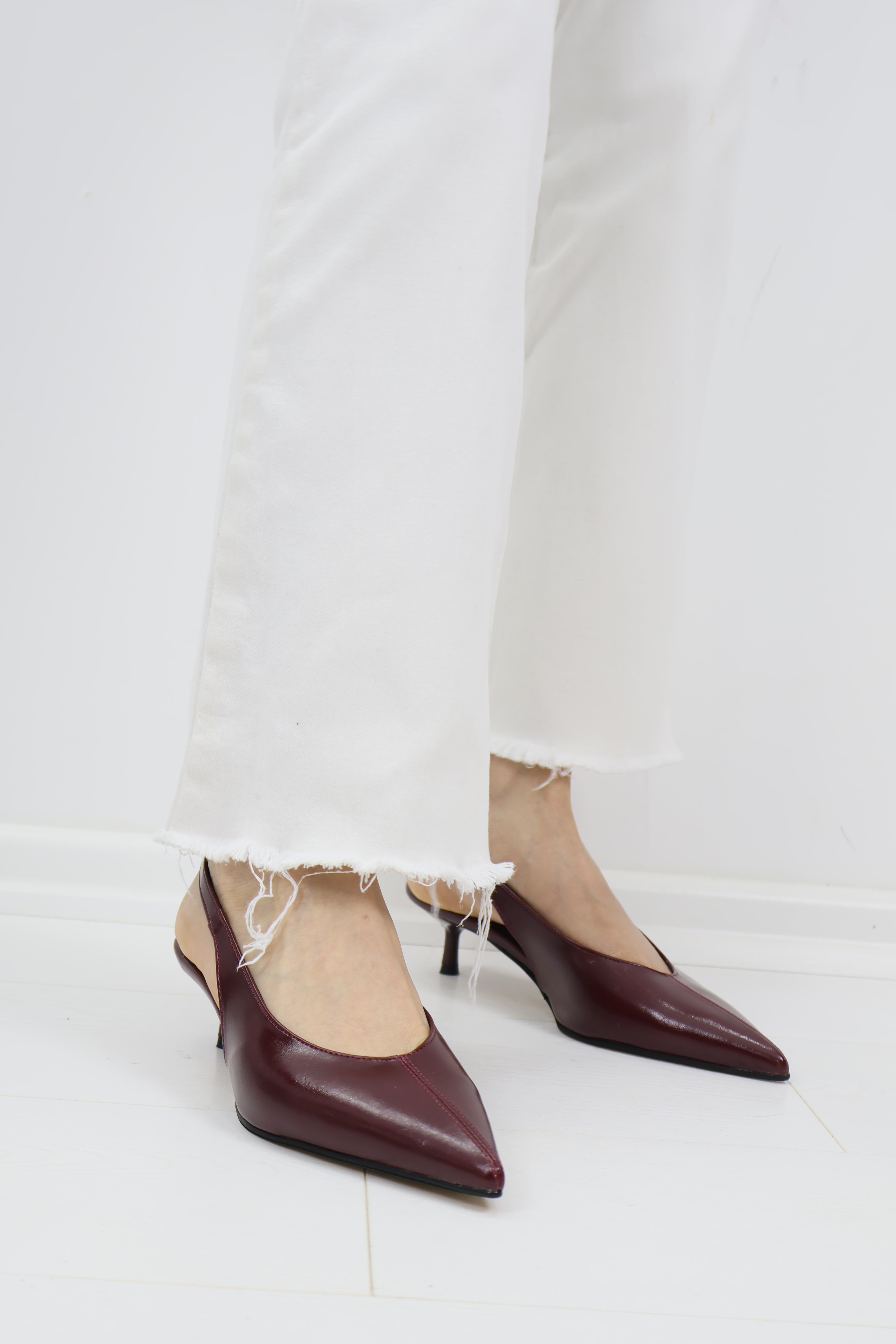 Bordo Sivri Burun Kitten Heel Topuklu Ayakkabı