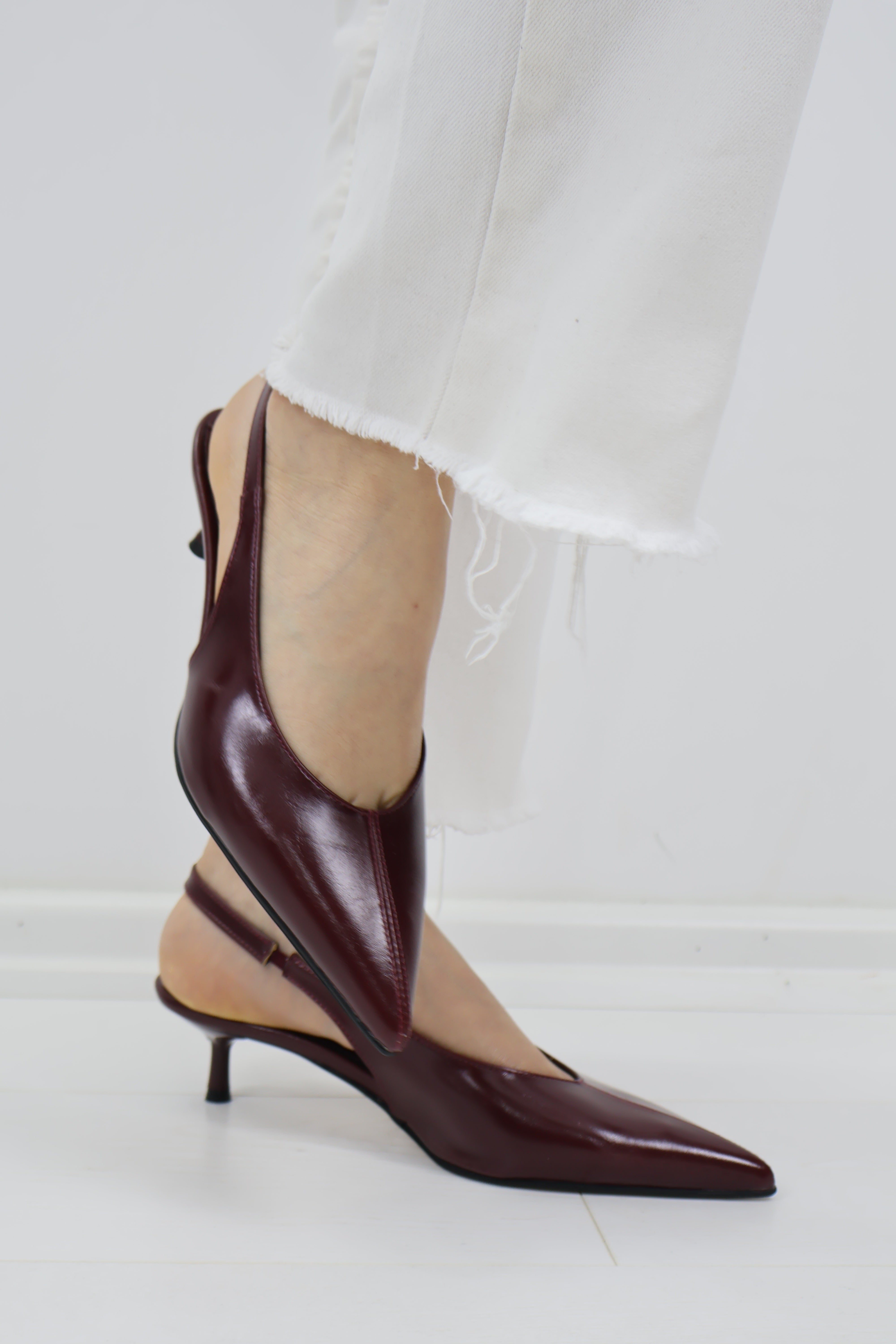 Bordo Sivri Burun Kitten Heel Topuklu Ayakkabı