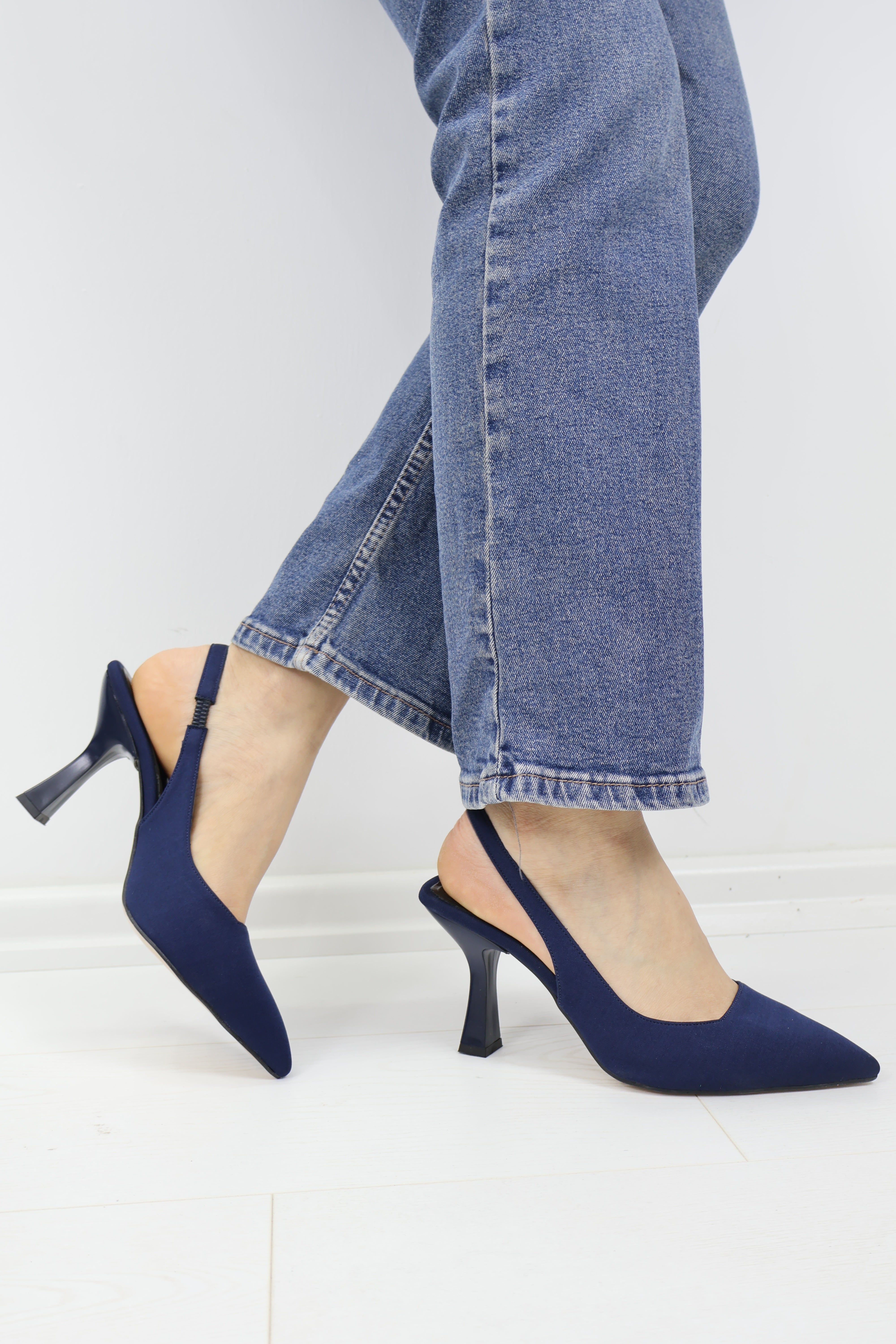Lacivert Slingback Topuklu Ayakkabı